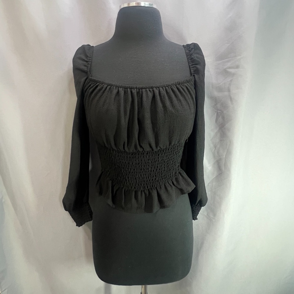 Favlux Cropped Peasant Blouse Womens Small Black Smocked Bodice Square Neck